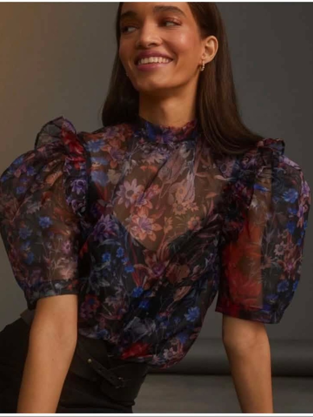 Maeve Anthropology Sheer Organza Puff Sleeve Floral Blouse Size M